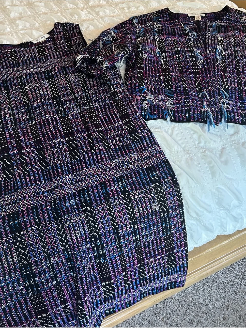 St. John Black Tweed Pencil Skirt with Purple & Blue Accents